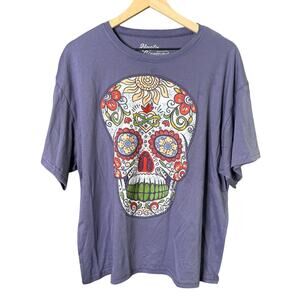 Sugar Skull Graphic Tee Womens Large Purple Day of‎ Dead Goth Dia de los Muertos